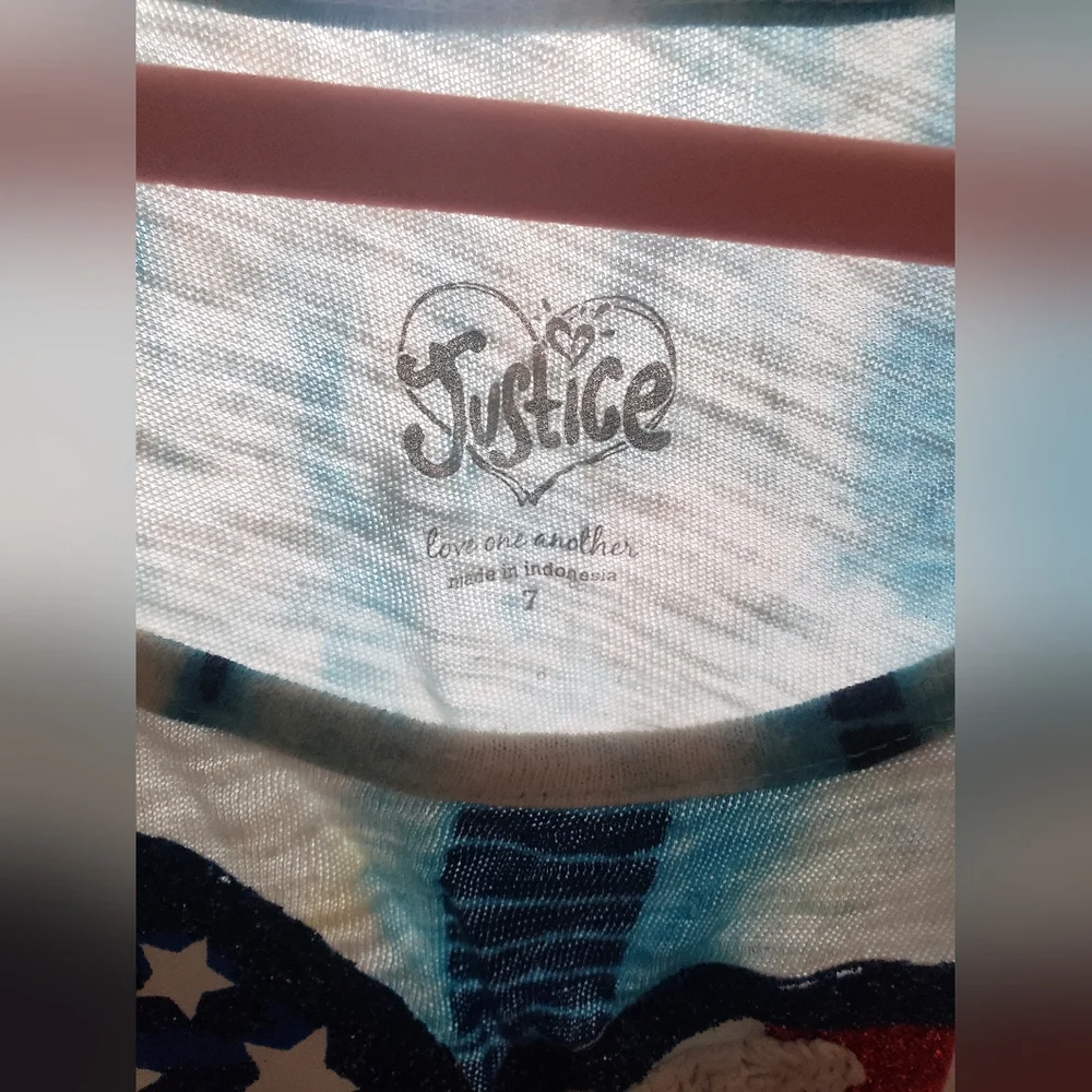 Girls Justice Patriotic Tie Dye Heart Flag Sequin Top Crochet Lace 7